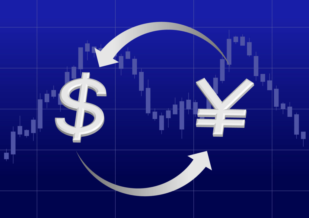 青いチャートを背景にドルと円の交換を示すロゴ