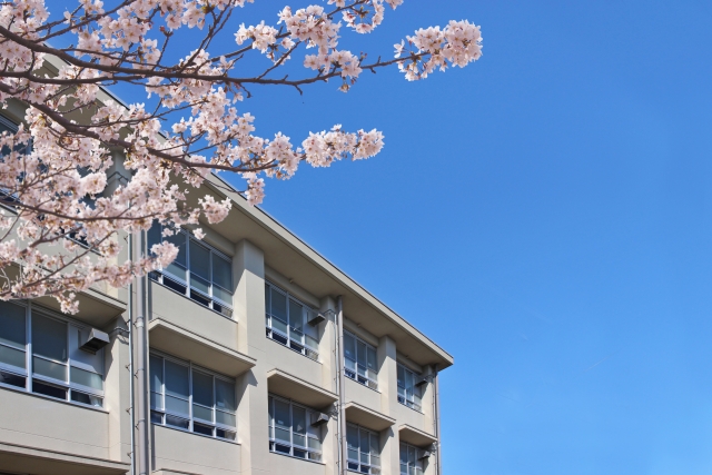 学校の校舎を背景に咲いている桜